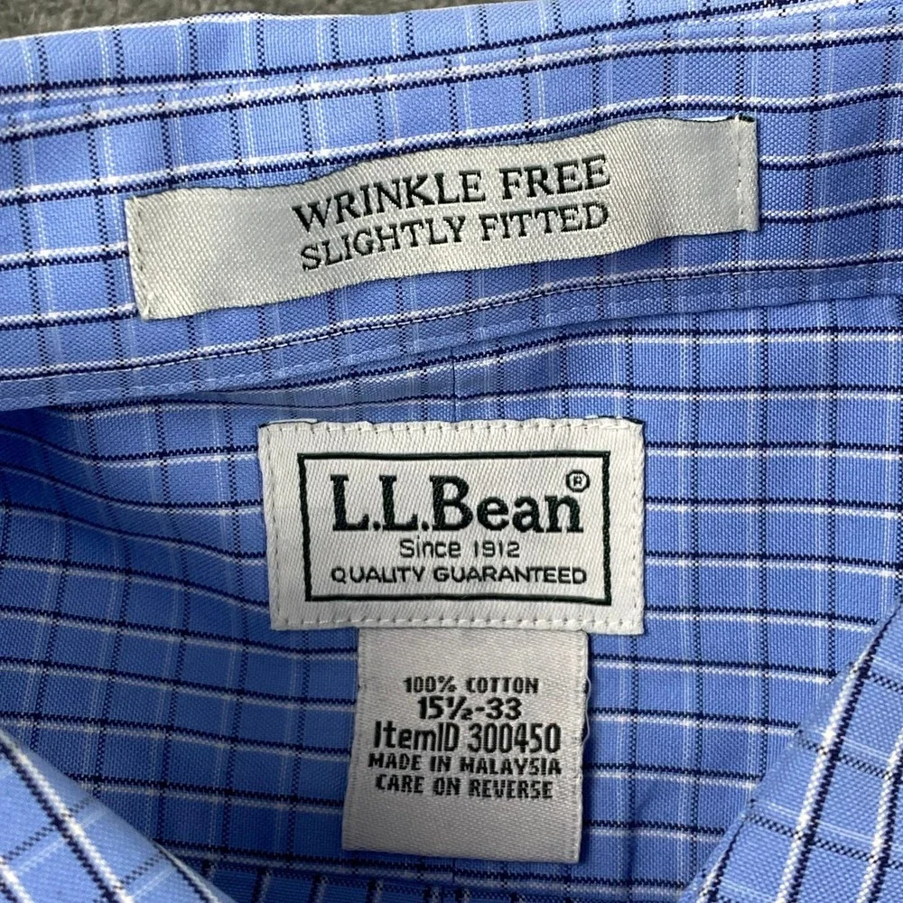 LL Bean Mens 15.5-33 Button Down Shirt Blue Check Wrinkle Free Slightly Fitted